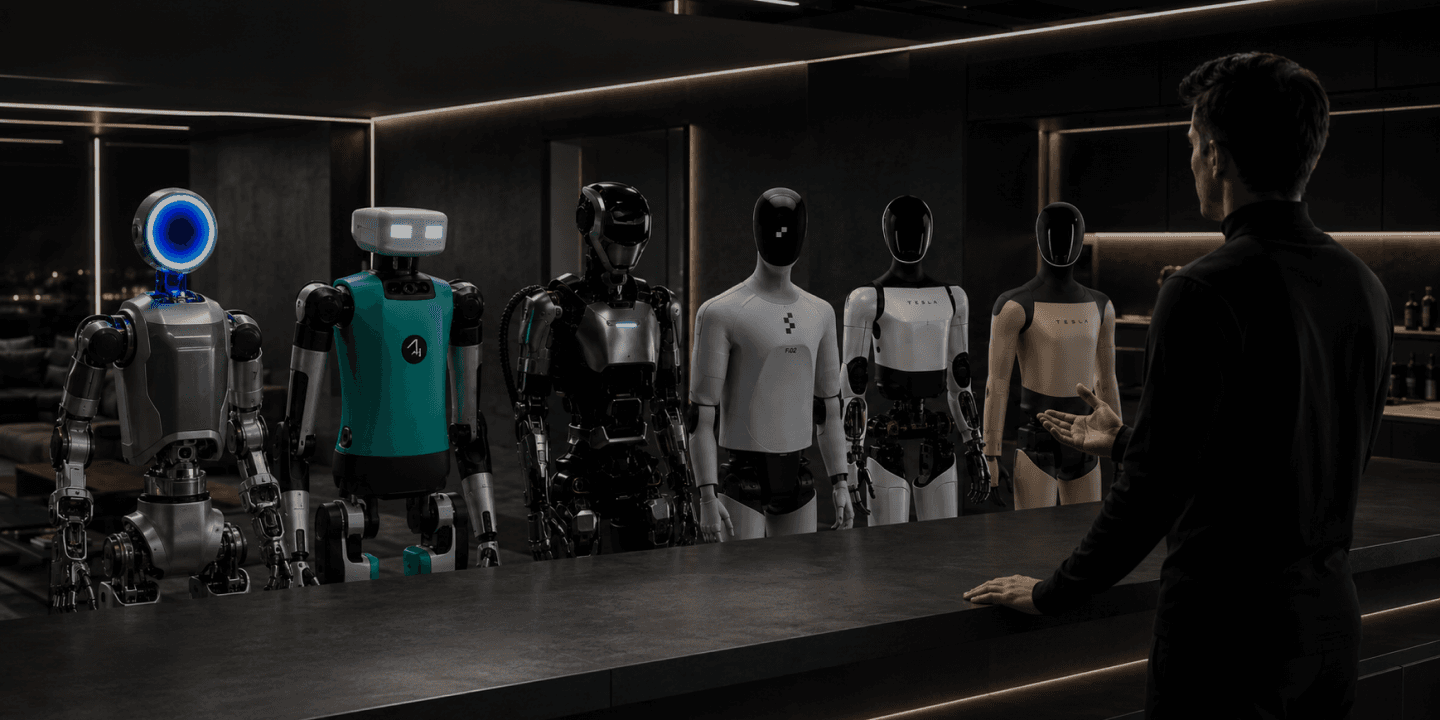 A person interacting with a lineup of OTICA robots