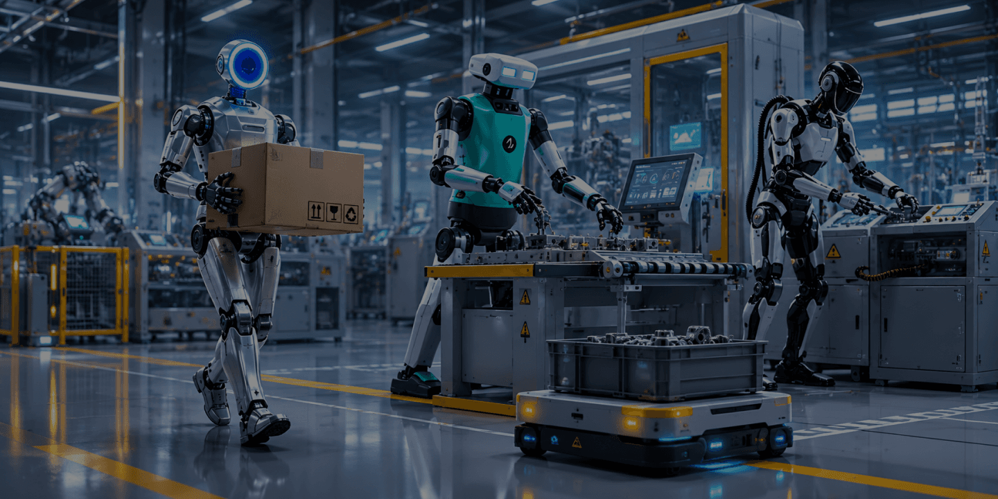 Robots collaborating on a factory logistics floor